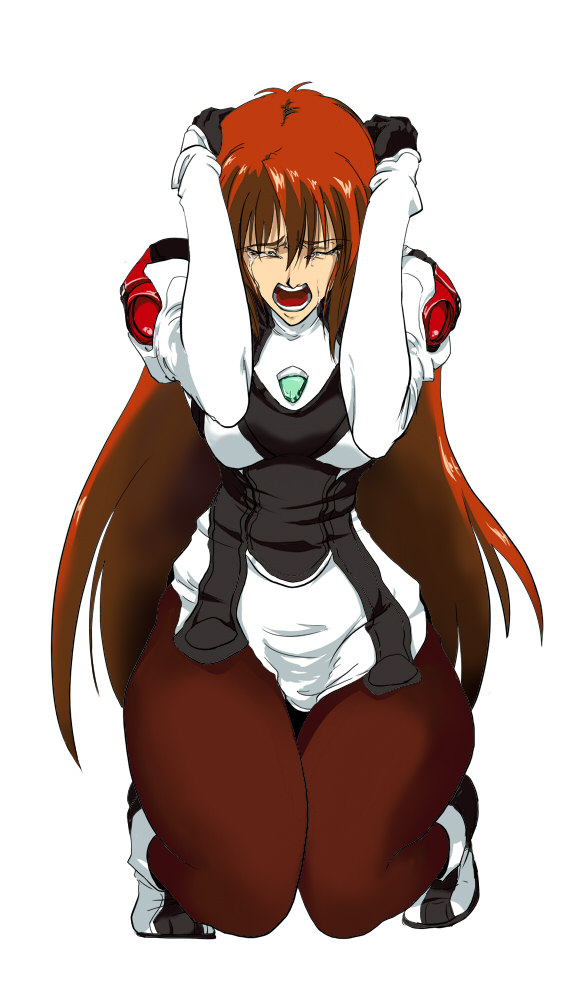 asahikawa, elhaym van houten, xenogears, 1girl, closed eyes, crying, female focus, legs, long hair, open mouth, pantyhose, red hair, scared, solo, tears, thick thighs, thighs