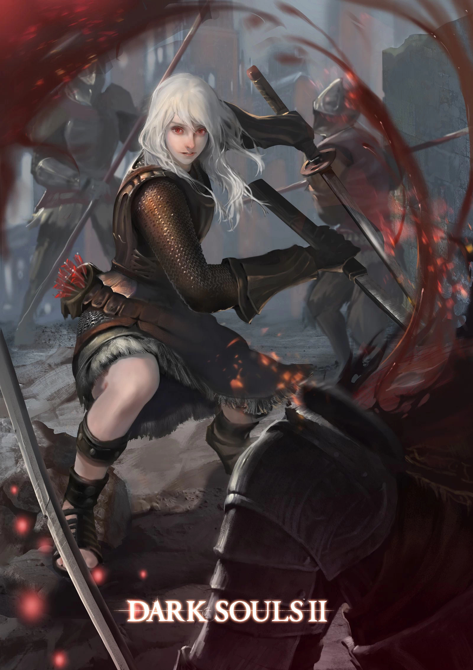 yinwoeren, bearer of the curse, dark souls (series), dark souls ii, commentary, highres, 1girl, 3boys, armor, arrow (projectile), belt, black gloves, black sandals, blood, blood splatter, brown belt, chainmail, copyright name, decapitation, dual wielding, full body, gloves, helm, helmet, holding, hollow soldier, katana, long hair, looking at viewer, multiple boys, polearm, quiver, red eyes, sandals, solo focus, spear, sword, weapon, white hair