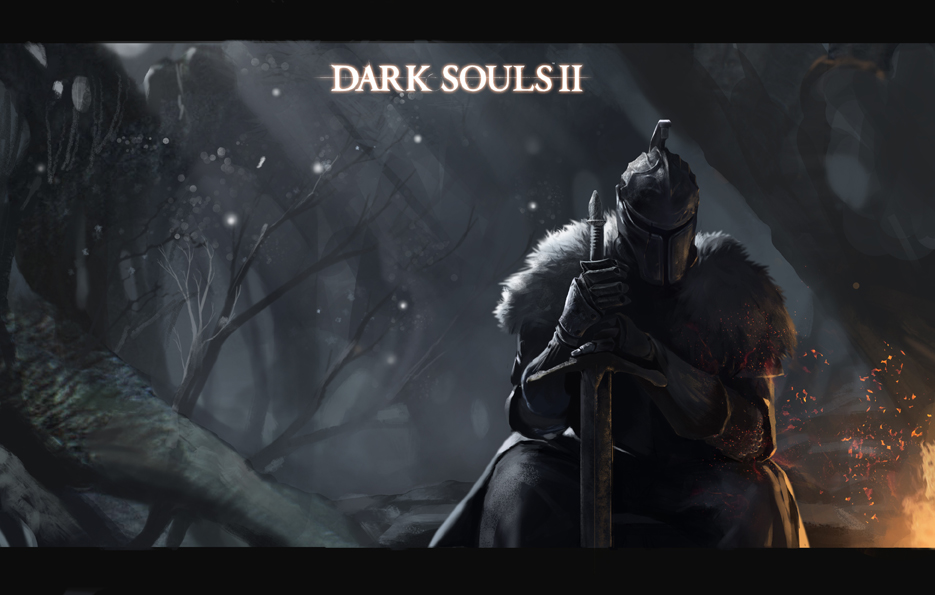 yinwoeren, bearer of the curse, dark souls (series), dark souls ii, commentary, bare tree, black pants, copyright name, fire, forest, fur collar, helm, helmet, holding, holding sword, holding weapon, letterboxed, nature, other focus, pants, sitting, solo, sword, tree, weapon