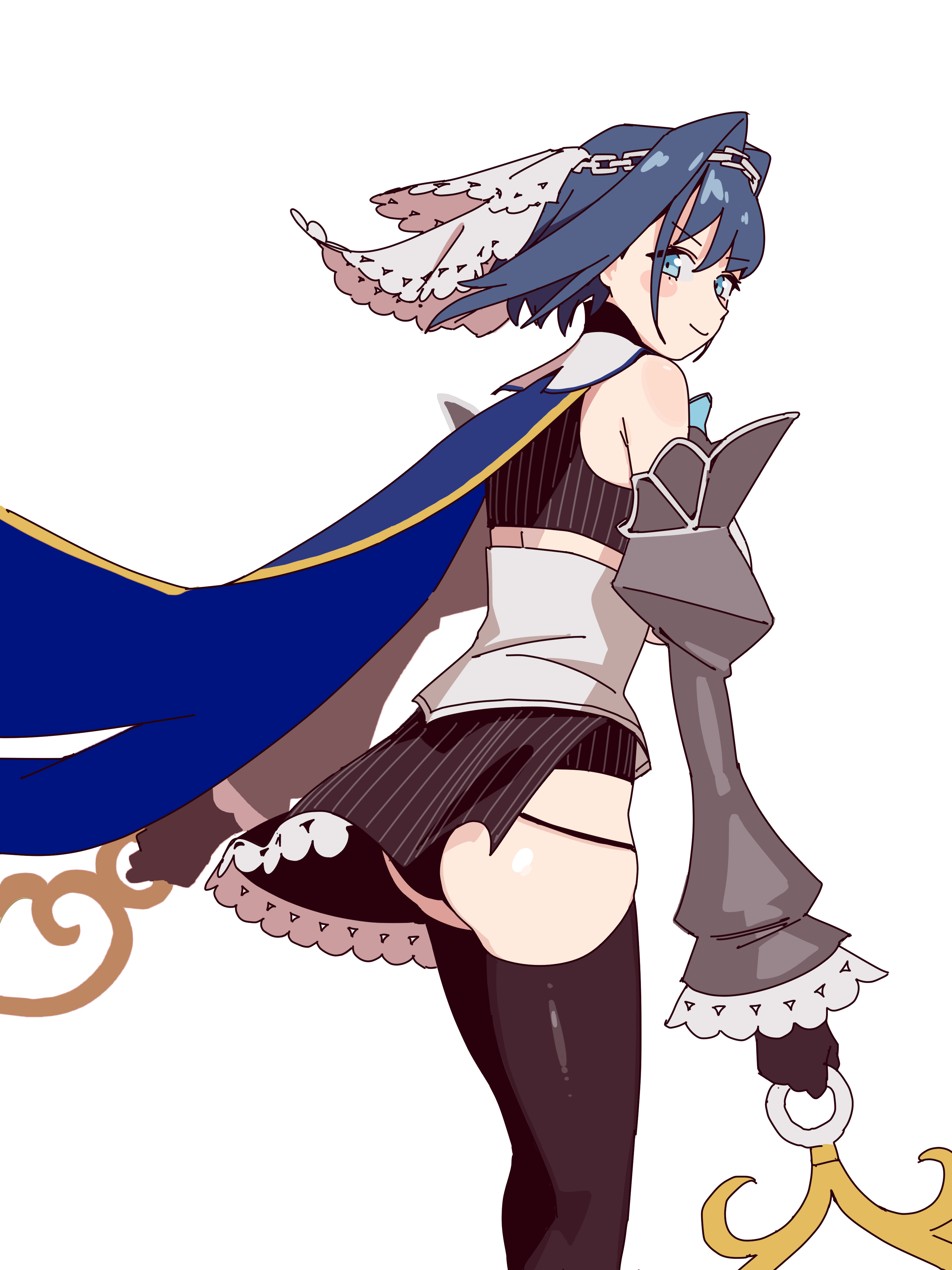 mendako (wjkgreat), ouro kronii, ouro kronii (1st costume), hololive, hololive english, absurdres, highres, 1girl, ass, black gloves, black skirt, black thighhighs, blue cape, blue eyes, blue hair, cape, chain, chain headband, closed mouth, detached sleeves, gloves, grey sleeves, simple background, skirt, solo, striped clothes, striped skirt, thighhighs, veil, virtual youtuber, white background