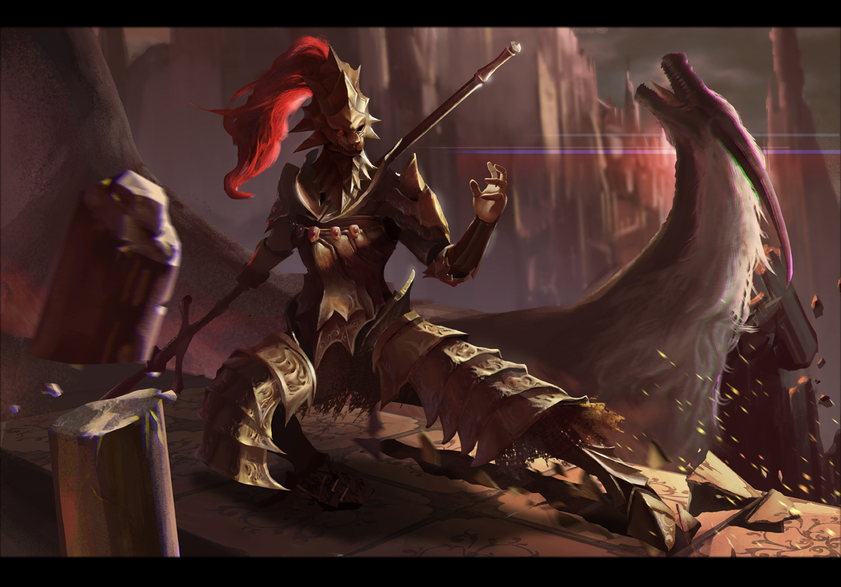 yinwoeren, dragon slayer ornstein, dark souls (series), dark souls i, commentary, 1boy, anor londo, armor, breastplate, dragon, faulds, full armor, full body, gold armor, helm, helmet, holding, holding polearm, holding weapon, in-universe location, knight, male focus, outdoors, pauldrons, plume, polearm, shoulder armor, solo, spear, weapon
