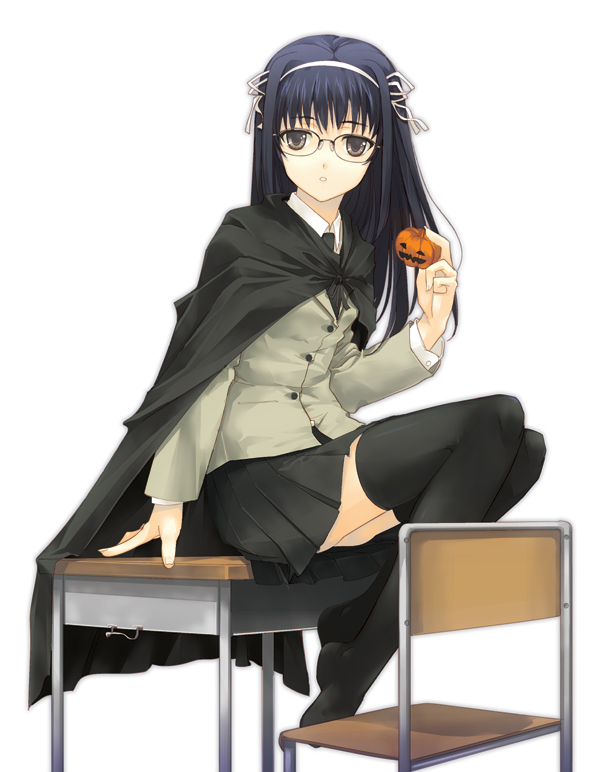 dasoku sentarou, cape, desk, feet, glasses, hairband, halloween, school uniform, serafuku, solo, thighhighs, zettai ryouiki