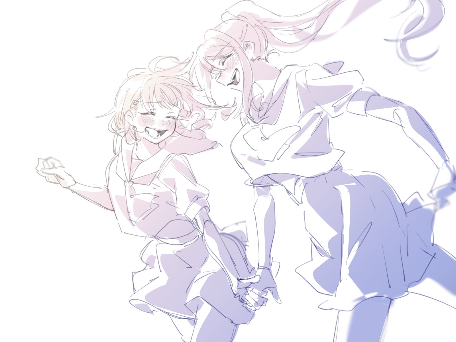 akira hjk, matsuura kanan, takami chika, love live!, love live! sunshine!!, commentary request, highres, 2girls, ahoge, clenched hands, clover hair ornament, cowboy shot, floating hair, greyscale, hair ornament, high ponytail, holding hands, long hair, long sidelocks, medium hair, midriff peek, miniskirt, monochrome, multiple girls, neckerchief, pleated skirt, ponytail, running, sailor collar, school uniform, serafuku, sidelocks, simple background, skirt, summer uniform, white background