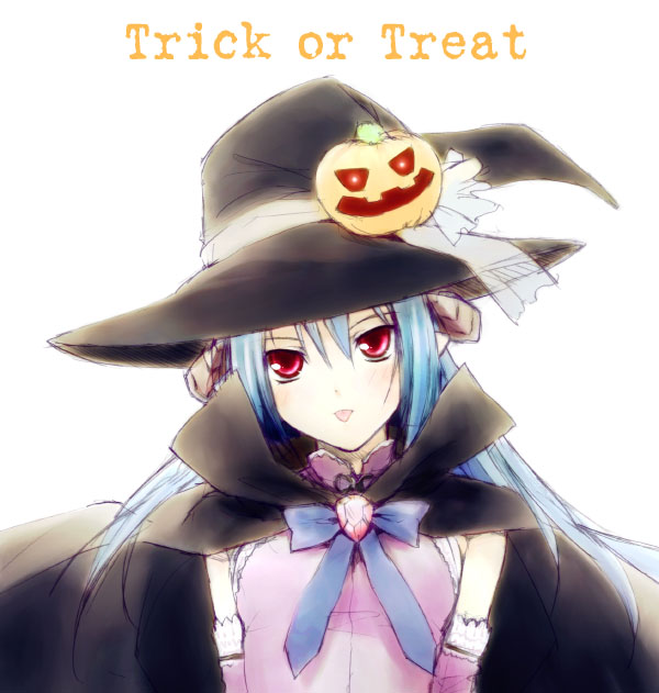 minamino kanata, original, 1girl, :p, cape, female focus, food-themed hair ornament, hair ornament, halloween, hat, jack-o'-lantern, pumpkin, pumpkin hair ornament, solo, tongue, tongue out, trick or treat, white background, witch hat