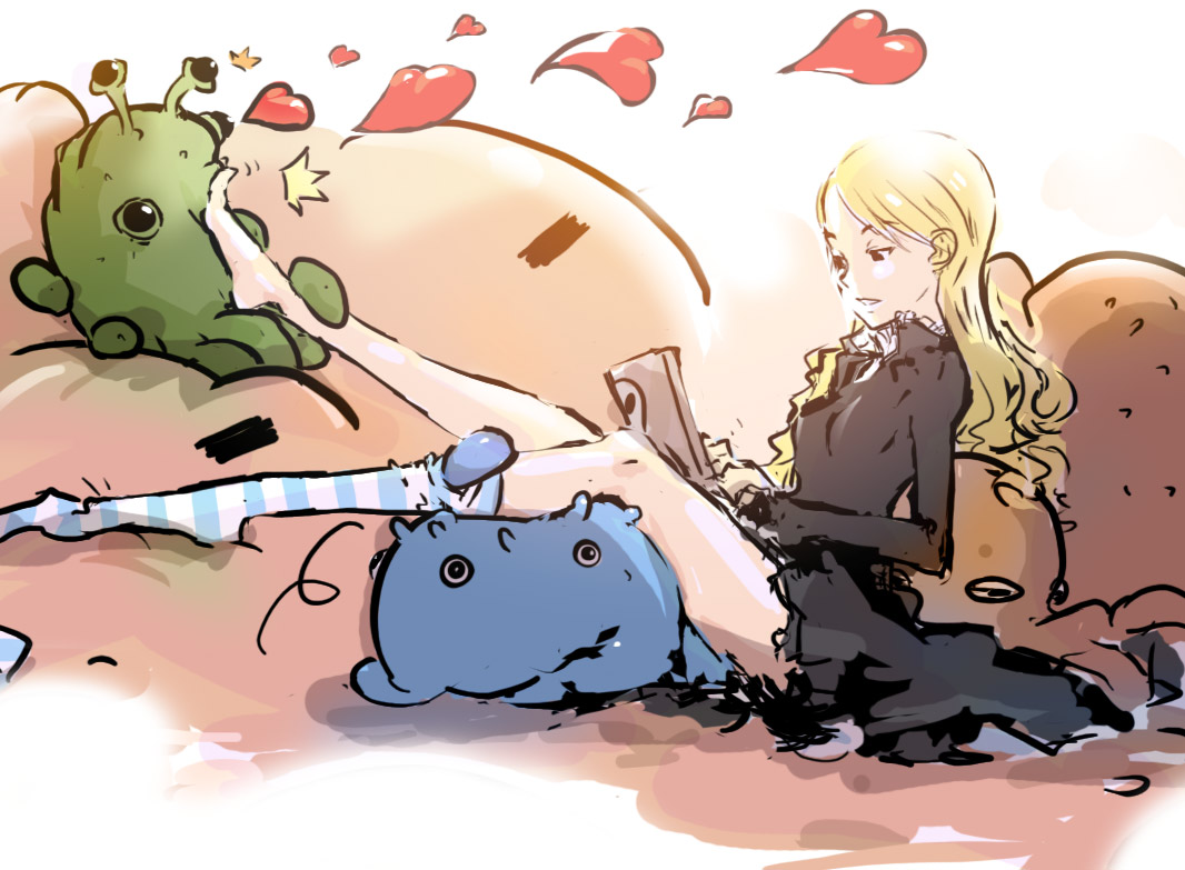 dan kim, mopple, mr. mopps, snax, momoka corner, 1girl, barefoot, black dress, blonde hair, creature, dress, feet, full body, heart, juliet sleeves, kneehighs, long hair, long sleeves, no shoes, puffy sleeves, short dress, single sock, single thighhigh, sitting, socks, striped clothes, striped socks, thighhighs