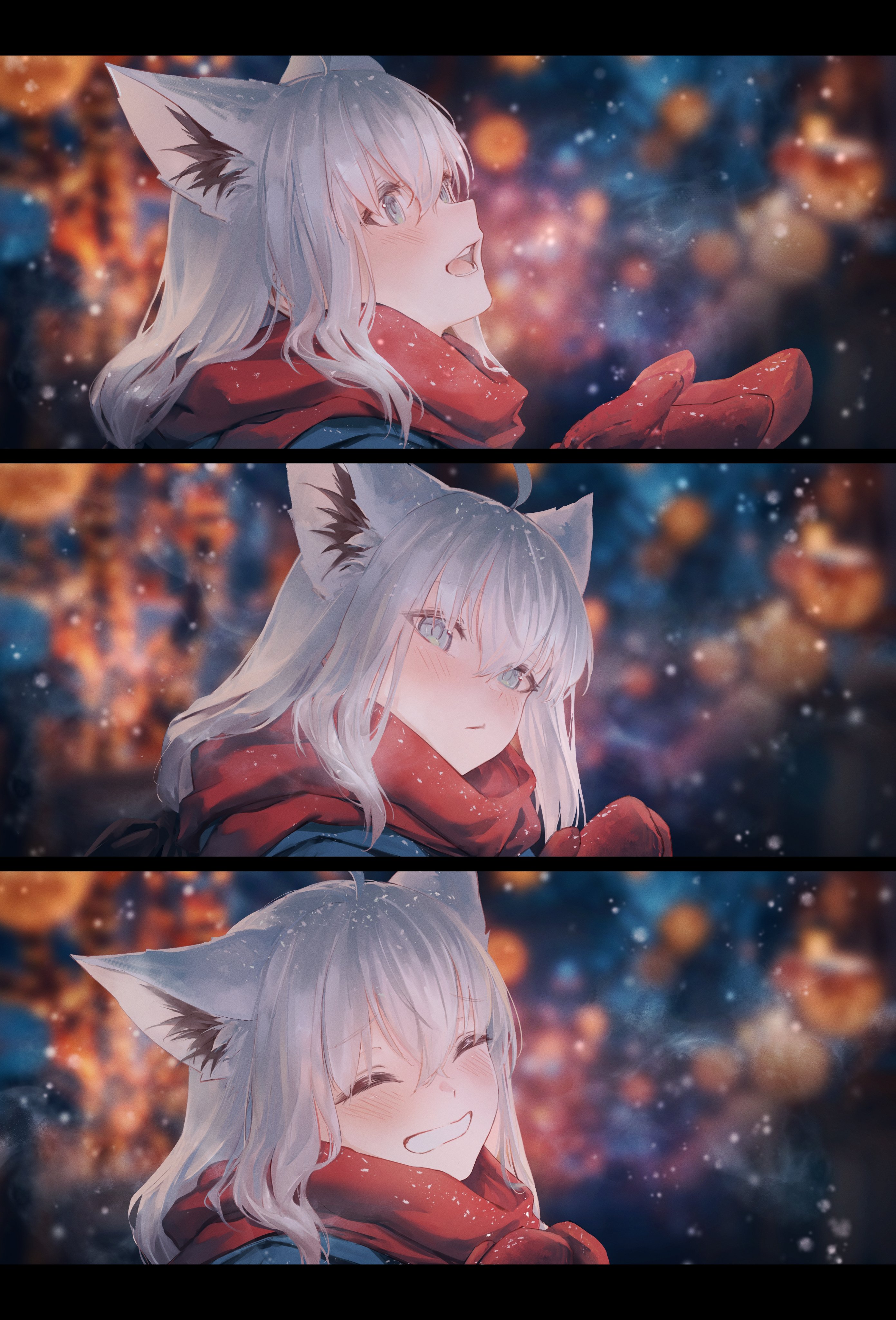 hyde (tabakko), shirakami fubuki, hololive, 1girl, 3koma, animal ears, blurry, blurry background, comic, fox ears, gloves, red gloves, red scarf, scarf, virtual youtuber, white hair