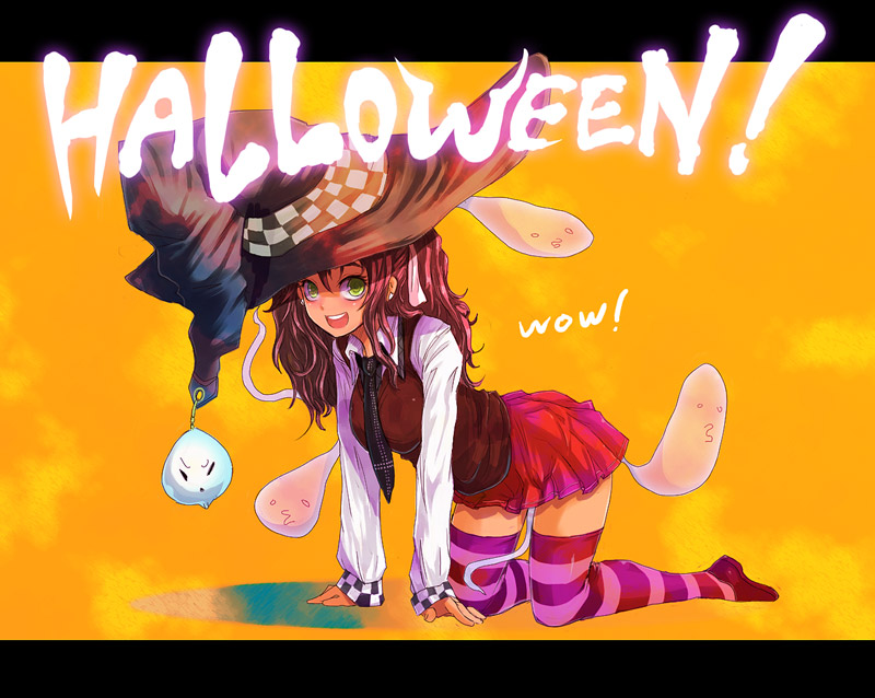 kara (color), original, halloween, hat, hitodama, solo, striped clothes, striped thighhighs, thighhighs, witch hat, zettai ryouiki