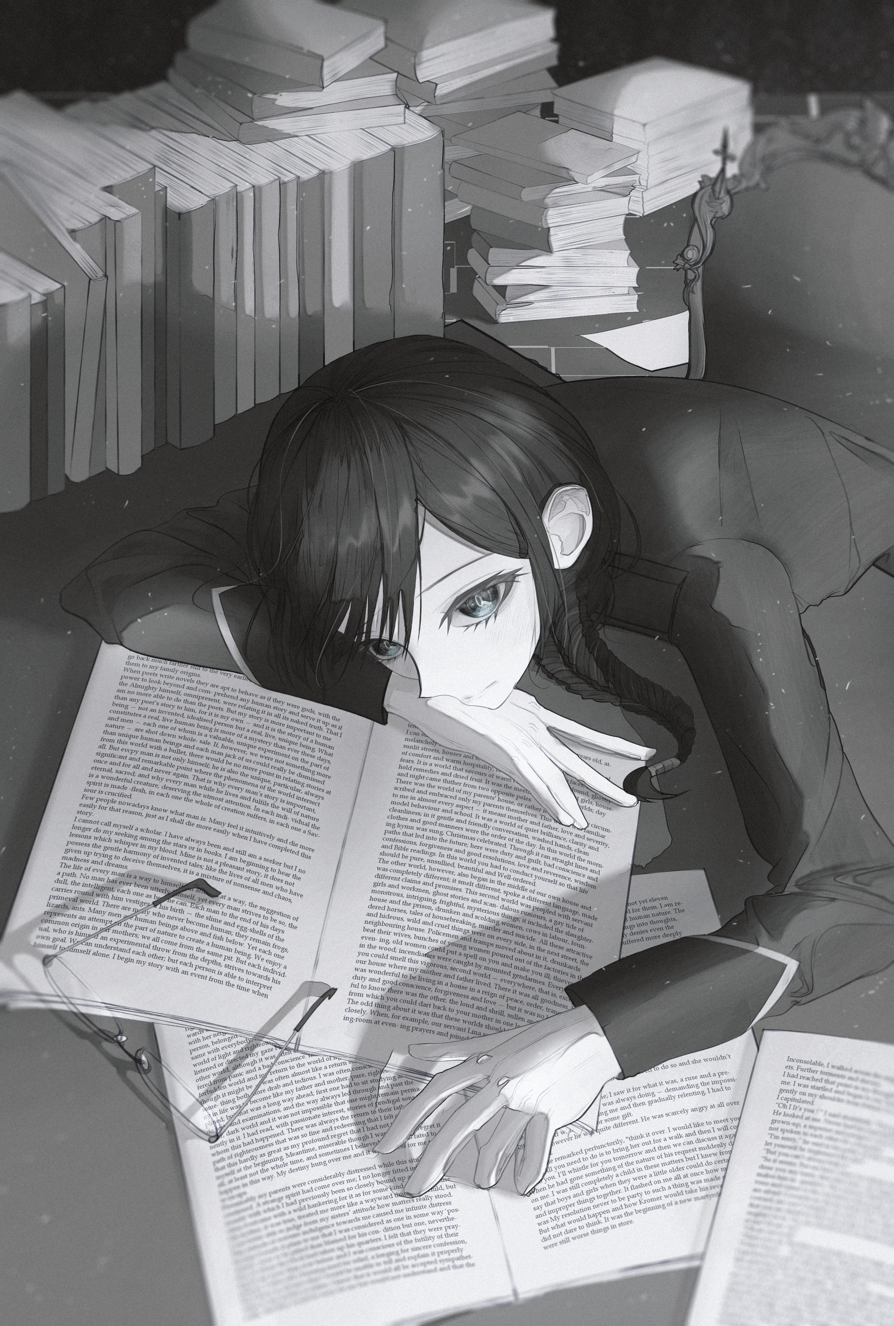 es (alter ego), alter ego (game), absurdres, highres, 1girl, black eyes, black hair, blue butterfly, blue eyes, book, bookshelf, braid, braided ponytail, bug, butterfly, collared jacket, collared shirt, desk, glasses, gloves, grey eyes, greyscale, hair between eyes, insect, jacket, long hair, looking at viewer, lying, monochrome, on desk, on stomach, paper, shirt, single braid, sitting, solo, undershirt, white gloves