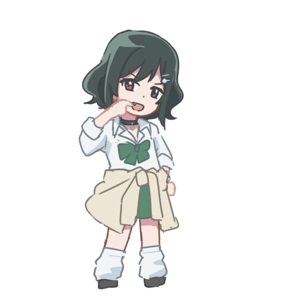 taiyakippassion, mifune shioriko, love live!, love live! nijigasaki high school idol club, commentary request, 1girl, :d, black choker, black shoes, bow, bowtie, brown cardigan, cardigan, cardigan around waist, choker, clothes around waist, collared shirt, deformed, dress shirt, fang, finger in own mouth, flipped hair, full body, green bow, green bowtie, green hair, green skirt, gyaru, gyarugasaki, hair ornament, hairclip, kogal, looking at viewer, loose socks, medium hair, official alternate costume, open mouth, parallel hairclips, red eyes, school uniform, shirt, shoes, sidelocks, simple background, skirt, sleeves rolled up, smile, socks, solo, standing, three-quarter sleeves, white background, white shirt, white socks