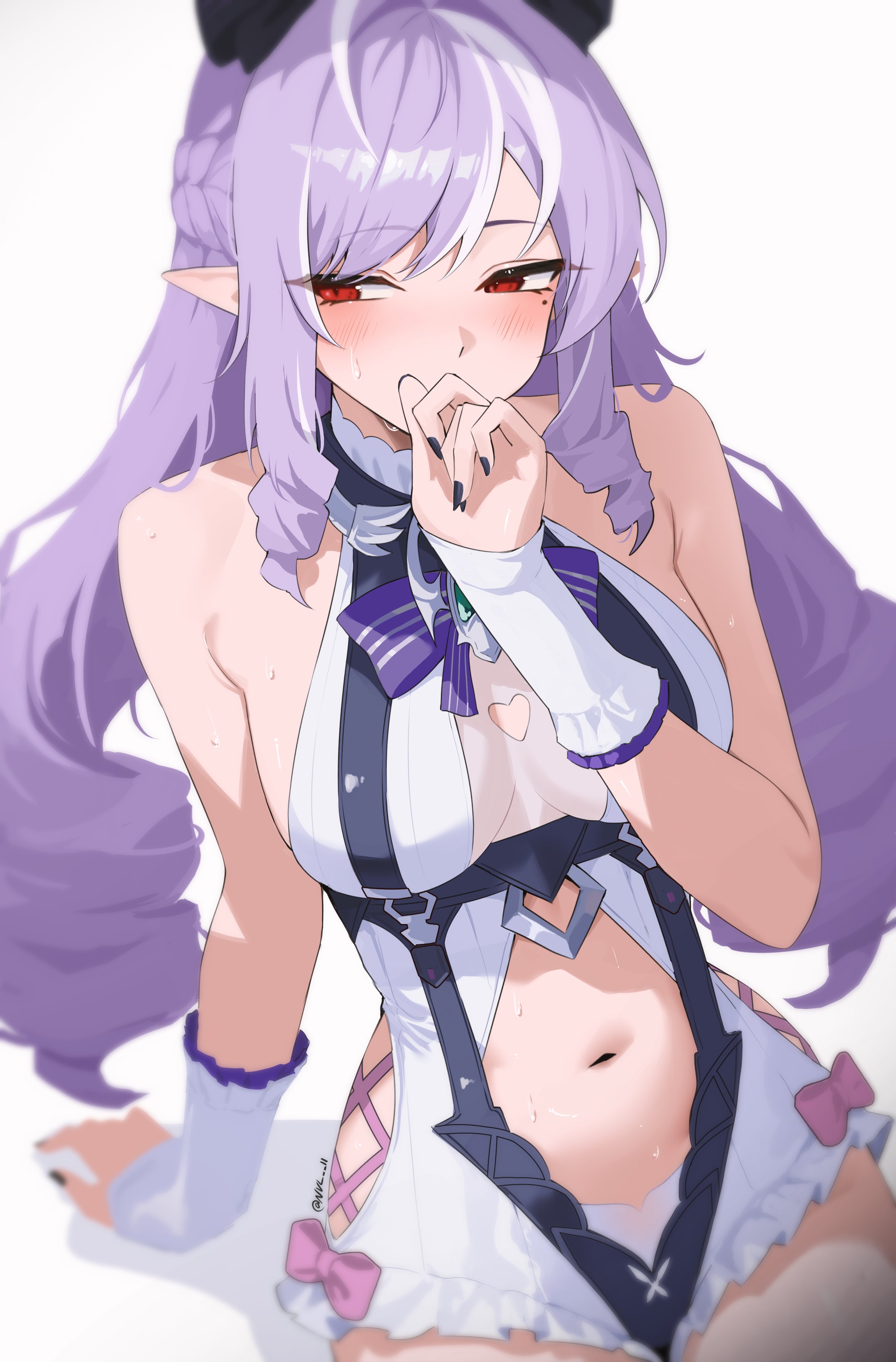 nvl, vivian banshee, zenless zone zero, absurdres, commentary, highres, 1girl, arm support, bare shoulders, black nails, blurry, blush, breasts, clothing cutout, covering own mouth, fingernails, hand up, heart cutout, long fingernails, long hair, looking to the side, medium breasts, mole, mole under eye, multicolored hair, nail polish, navel, official alternate costume, one-piece swimsuit, pointy ears, purple hair, red eyes, sharp fingernails, sidelocks, simple background, sitting, solo, stomach, stomach cutout, streaked hair, sweat, swimsuit, thighs, twitter username, white background, white one-piece swimsuit