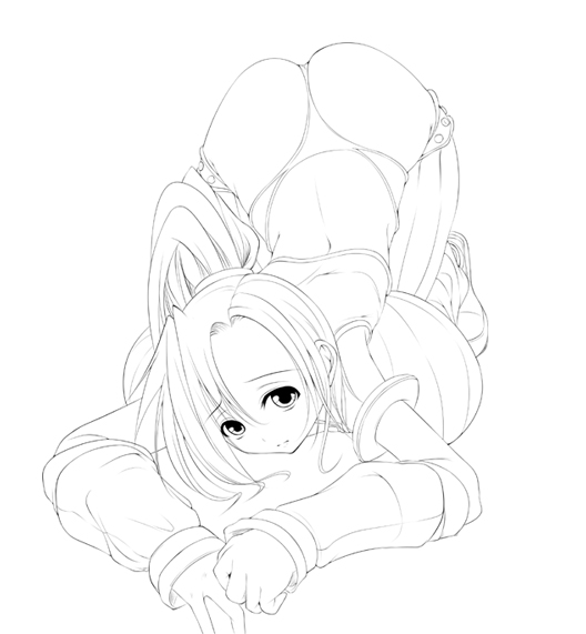 fct, sara da pranzo, sdp, female fighter (dungeon and fighter), dungeon and fighter, unfinished, 00s, 1girl, all fours, armband, ass, ass cutout, blush, breast press, breasts, brown eyes, brown hair, chaps, clothing cutout, female focus, gloves, greyscale, huge breasts, monochrome, ponytail, revealing clothes, sketch, sleeveless, solo, thighhighs