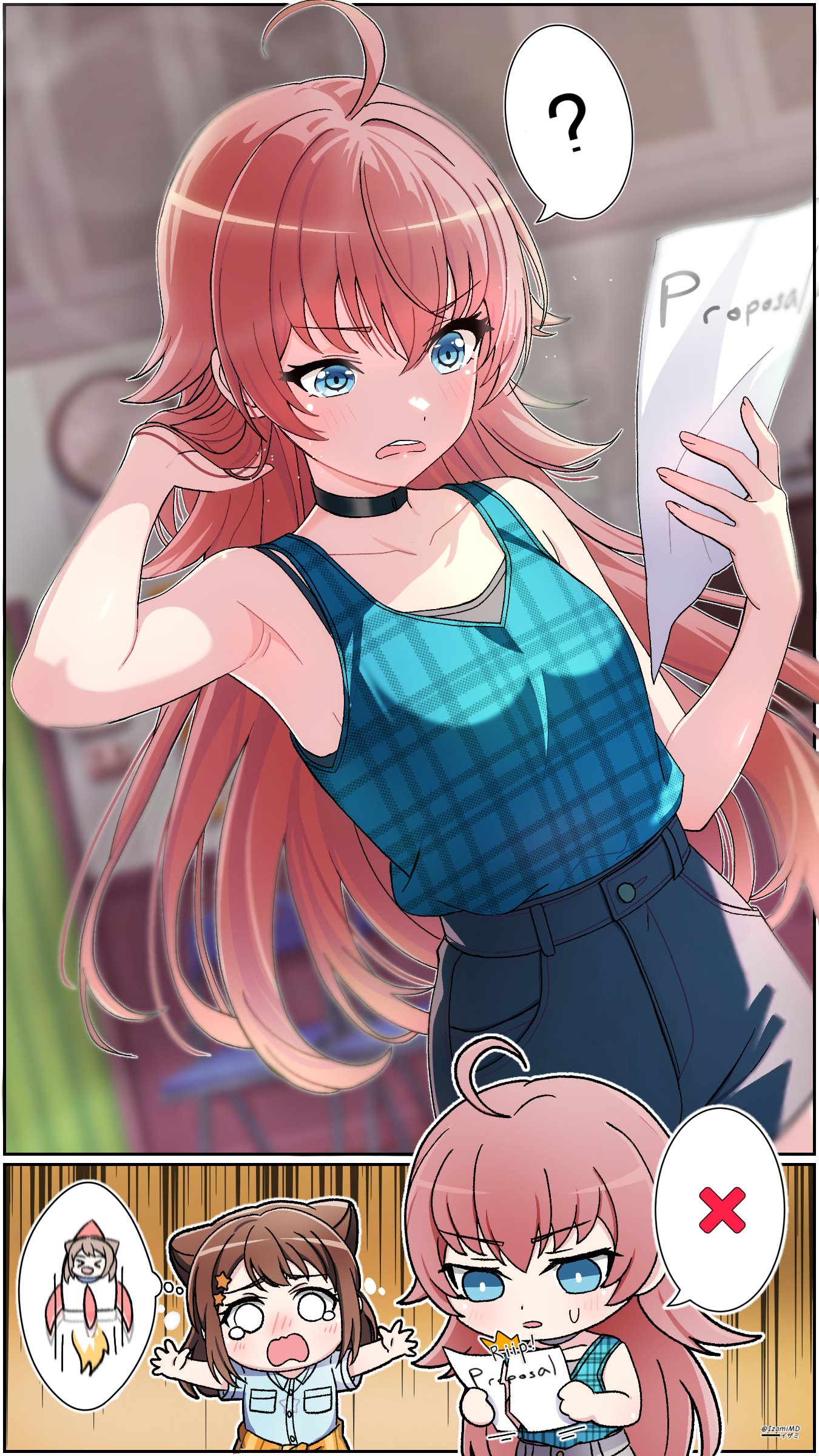 izami md, tamade chiyu, toyama kasumi, bang dream!, absurdres, commentary, english commentary, highres, 2girls, ?, ahoge, arm up, armpits, black camisole, black choker, blue shorts, blue tank top, brown hair, camisole, choker, cone hair bun, hair bun, hair ornament, long hair, medium hair, multiple girls, open mouth, pink hair, shirt, shorts, star (symbol), star hair ornament, tank top, teeth, upper teeth only, white shirt