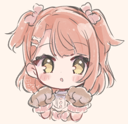 sanzashi (dandelion3373), uehara ayumu, love live!, love live! nijigasaki high school idol club, commentary request, lowres, 1girl, :o, animal hands, bone hair ornament, bow, brown gloves, chibi, chibi only, chinese zodiac, gloves, hair bow, hair ornament, hairclip, looking at viewer, medium hair, official alternate costume, open mouth, parallel hairclips, paw gloves, pink bow, pink hair, solo, two side up, year of the dog, yellow eyes