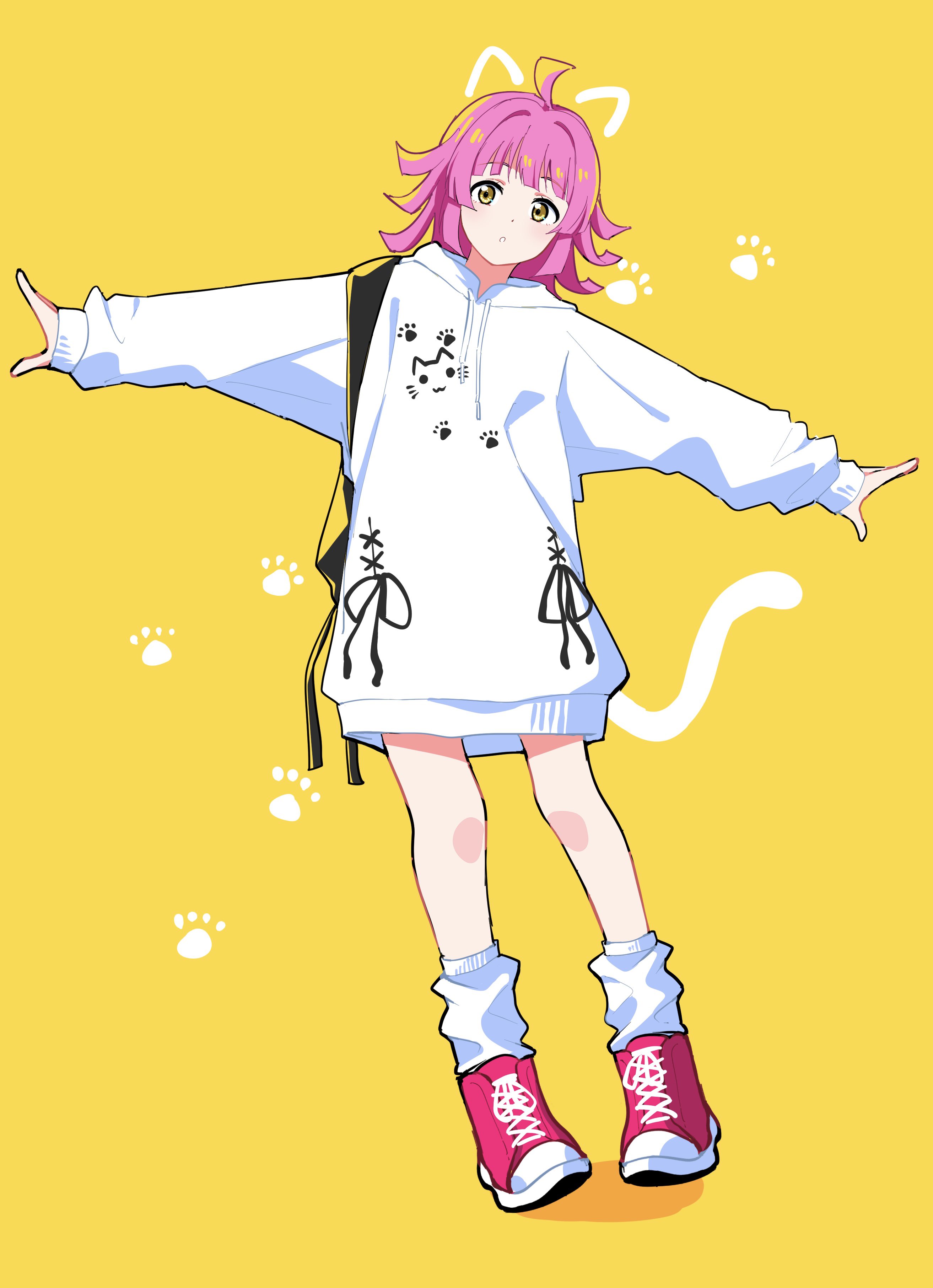 89ru0, tennoji rina, love live!, love live! nijigasaki high school idol club, absurdres, commentary, highres, symbol-only commentary, 1girl, ahoge, animal ears, blunt bangs, blunt ends, cat ears, cat tail, drawn ears, drawn tail, hood, hoodie, kishimen hair, long hoodie, looking at viewer, loose socks, outstretched arms, paw print, pink hair, pink shoes, shoes, sidelocks, sneakers, socks, solo, spread arms, standing, tail, white hoodie, white socks, yellow background, yellow eyes