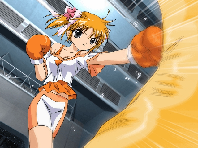 kanan, apricot sakuraba, broccoli (company), galaxy angel, galaxy angel rune, game cg, non-web source, 00s, 1girl, bike shorts, black eyes, blonde hair, boxing, boxing gloves, female focus, orange hair, punching, punching bag, shirt, solo, twintails