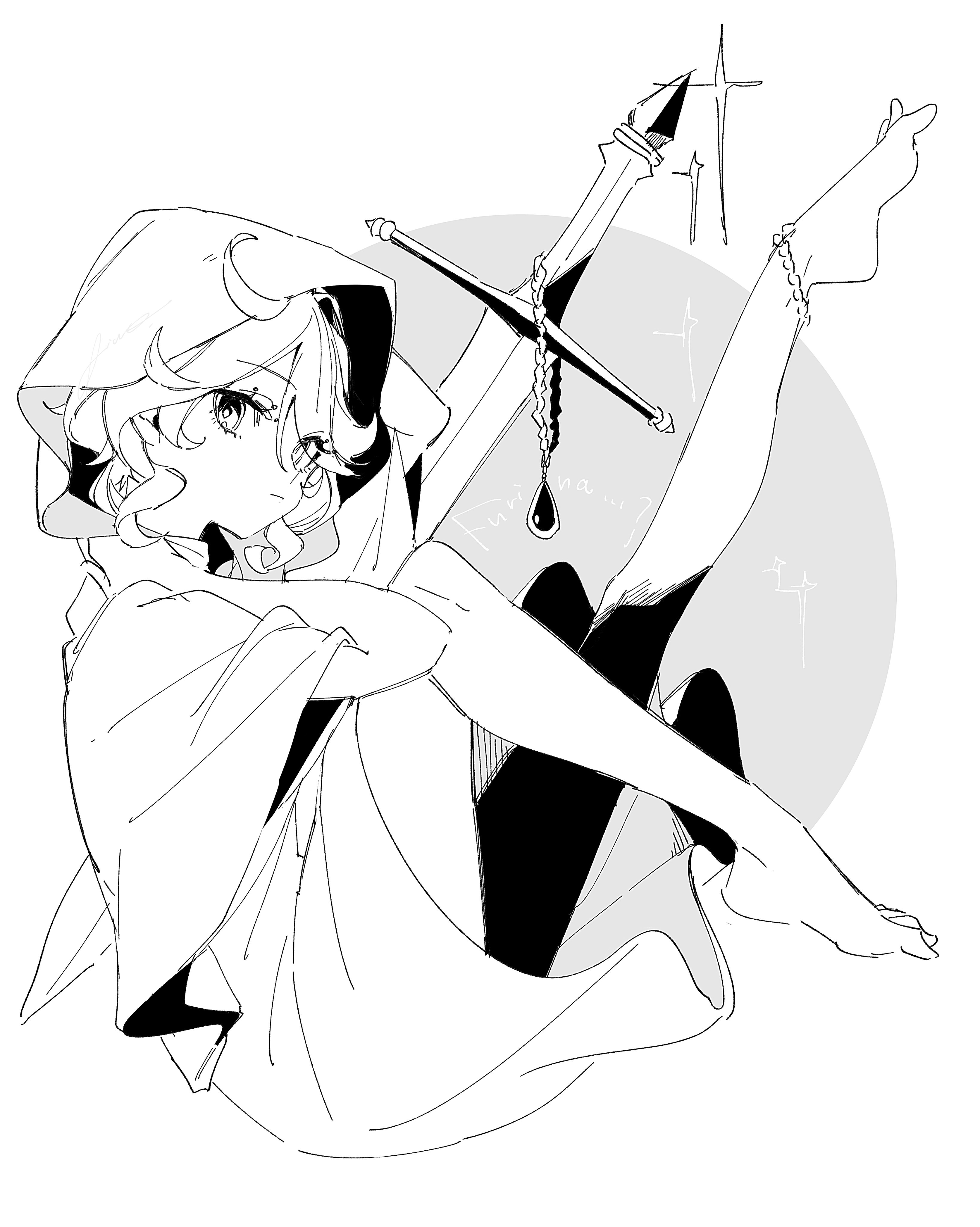 aiwo o lite, furina (genshin impact), genshin impact, 1girl, barefoot, from side, sketch, solo, sword, weapon