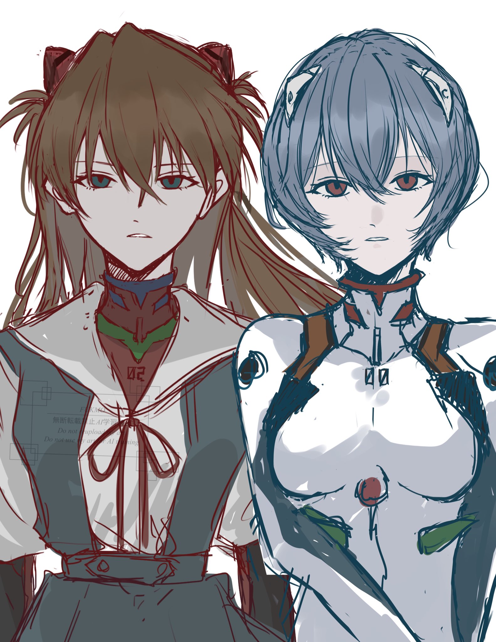 fs13, ayanami rei, souryuu asuka langley, neon genesis evangelion, highres, 2girls, blue eyes, blue hair, bodysuit, breasts, brown hair, hair between eyes, long hair, looking at viewer, mecha pilot suit, medium breasts, multiple girls, open mouth, orange hair, plugsuit (evangelion), red bodysuit, red eyes, school uniform, short hair, simple background, standing, white background, white bodysuit
