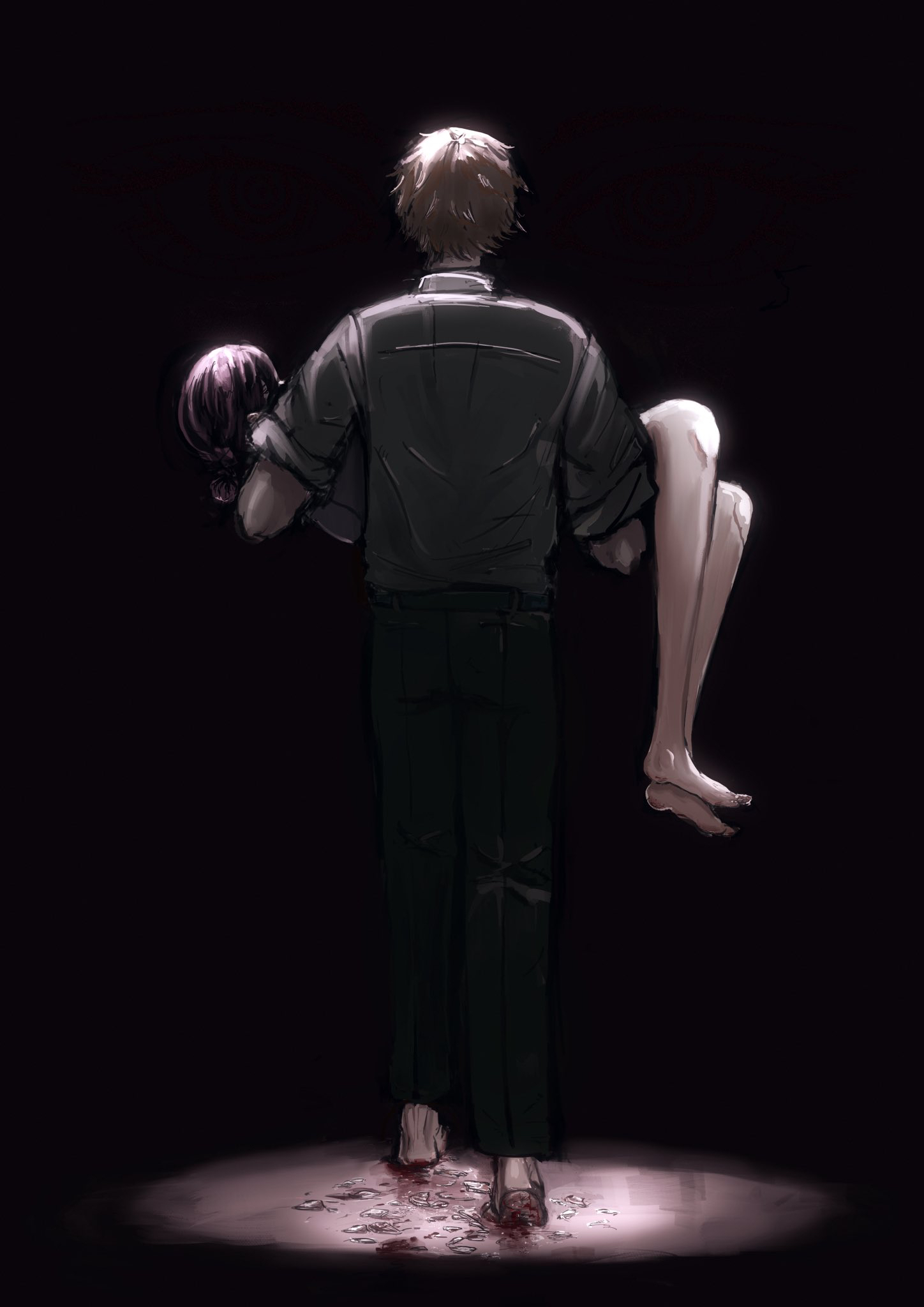 kotorun ahyo, denji (chainsaw man), reze (chainsaw man), chainsaw man, highres, 1boy, 1girl, barefoot, black background, black pants, blood, blood on feet, blood on ground, carrying, carrying person, from behind, glass shards, grey hair, grey shirt, injury, pants, purple hair, shirt, shirt tucked in, short hair, simple background