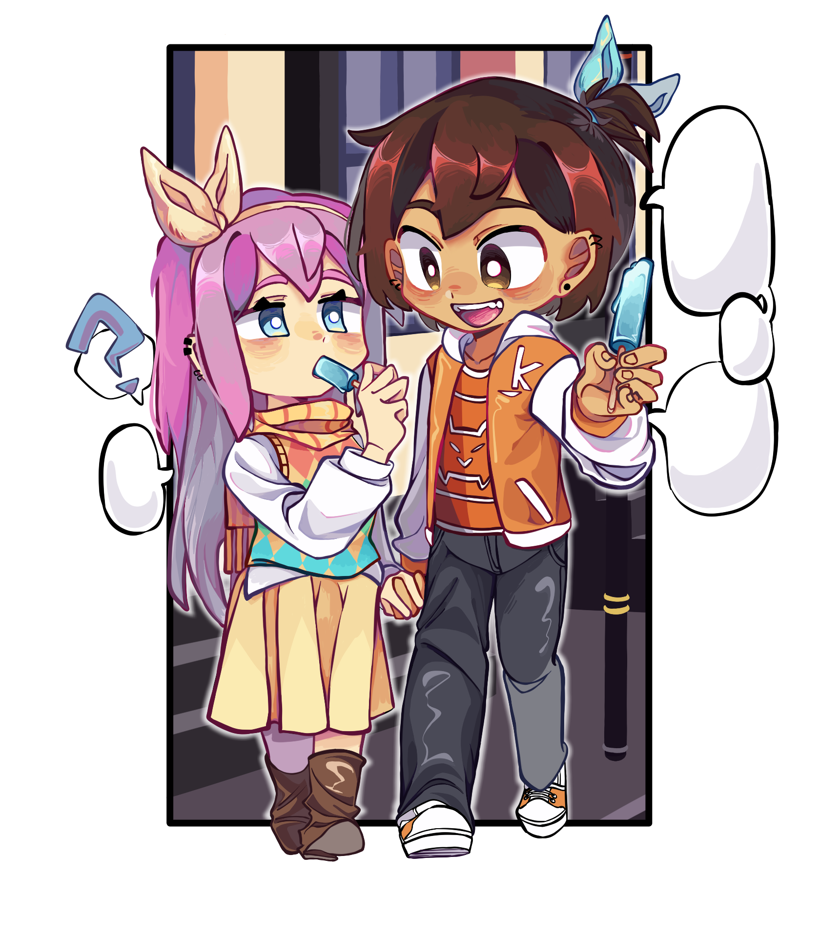 aubrey (faraway) (omori), aubrey (omori), kel (faraway) (omori), kel (omori), omori, highres, 1boy, 1girl, ?, alternate costume, alternate hairstyle, black pants, blank speech bubble, blue eyes, blue ribbon, boots, bright pupils, brown boots, brown eyes, brown hair, chibi, chibi only, dark-skinned male, dark skin, double-parted bangs, ear piercing, food, food in mouth, hair between eyes, hair ribbon, hairband, holding, holding food, holding popsicle, huasuan69416, jacket, long sleeves, looking at another, orange jacket, orange shoes, outdoors, pants, piercing, pink hair, pleated skirt, popsicle, popsicle in mouth, ribbon, scarf, shoes, skirt, sneakers, speech bubble, spoken question mark, teeth, tongue, upper teeth only, white pupils, yellow hairband, yellow skirt