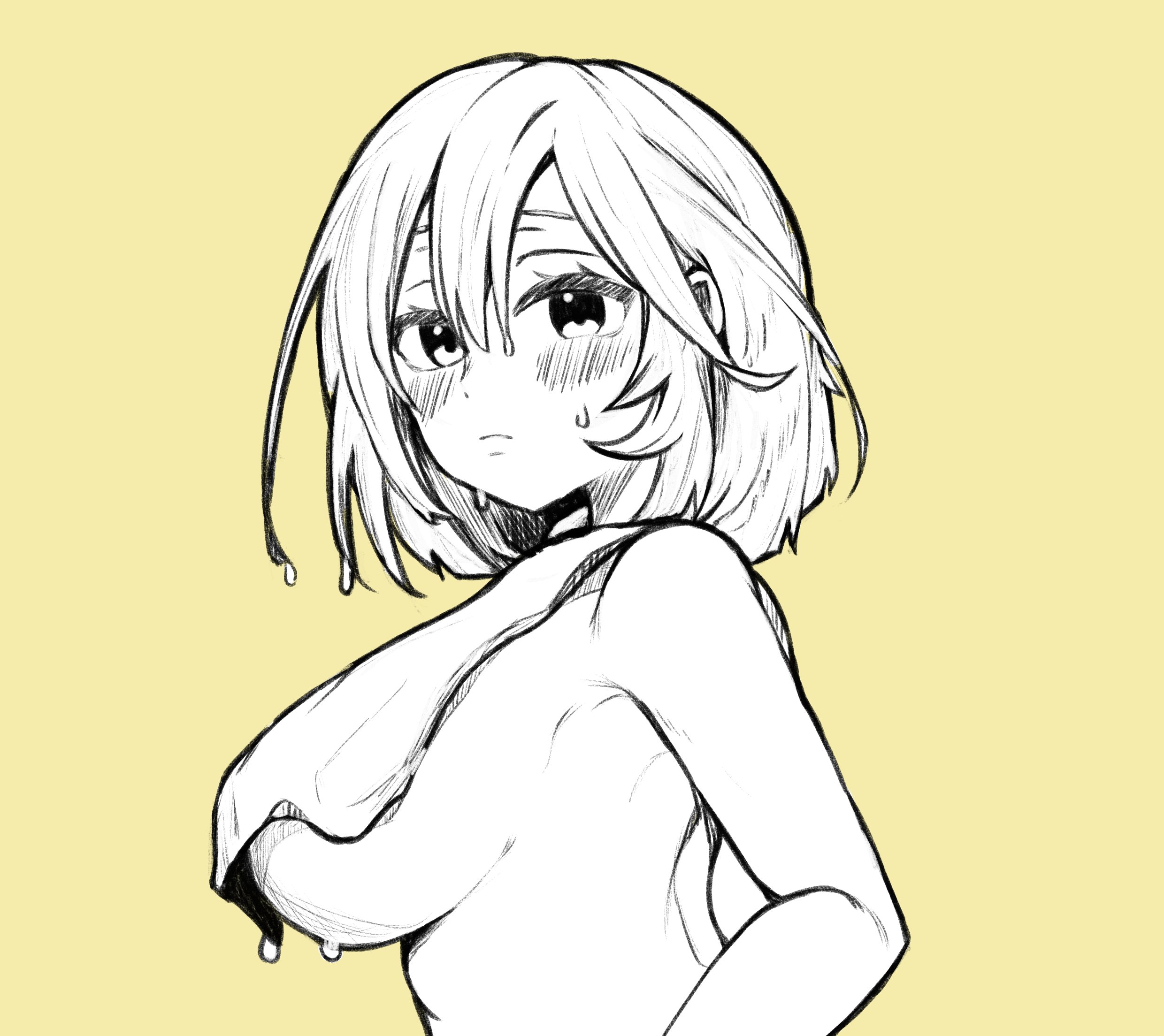 watson amelia, hololive, hololive english, commentary, english commentary, highres, 1girl, armpit crease, blush, breasts, closed mouth, hair between eyes, large breasts, lavacacticus, looking at viewer, medium hair, nude, partially colored, simple background, solo, sweat, towel, turning head, underboob, upper body, wet, wet hair, yellow background