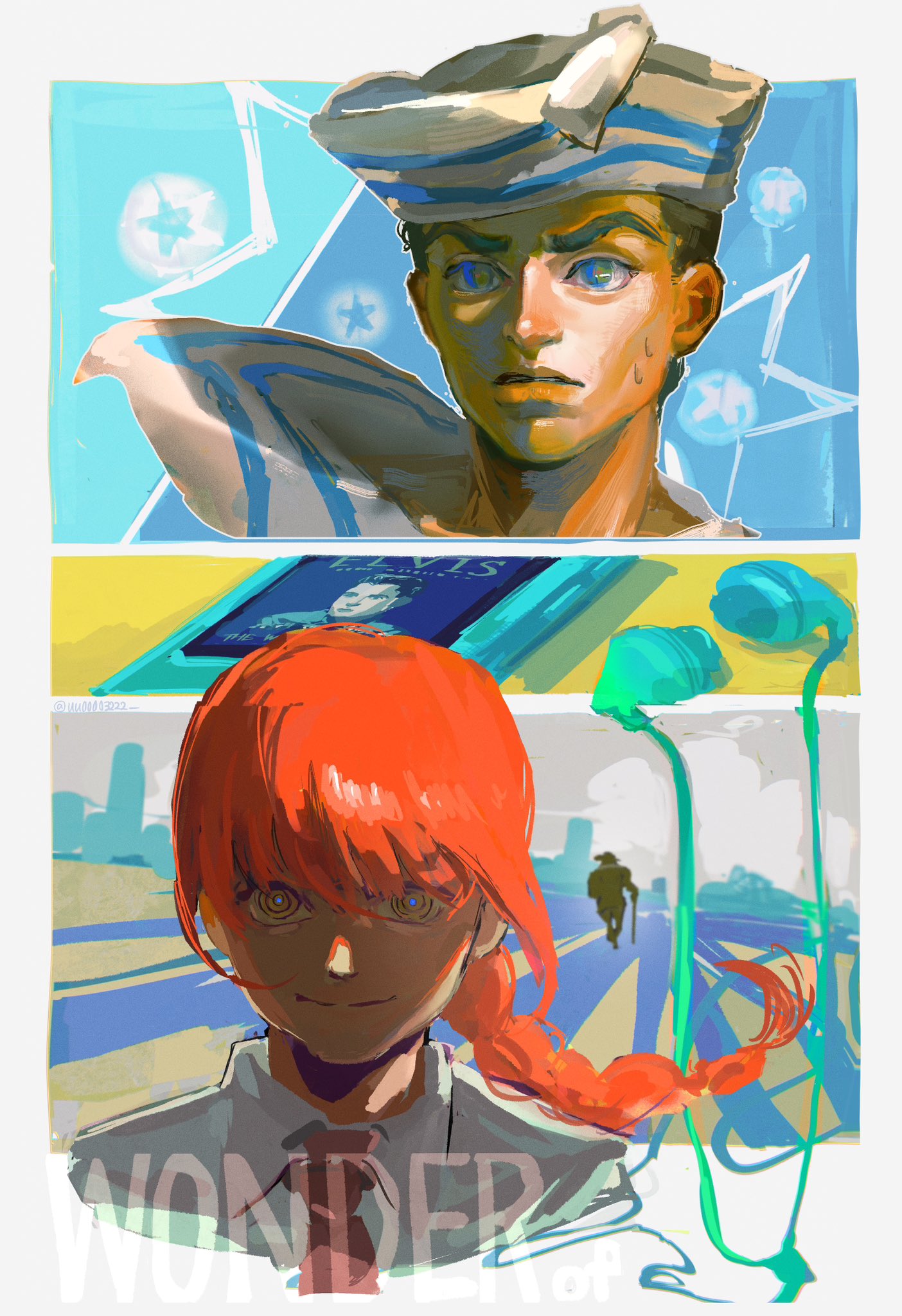 uu0000322, elvis presley, higashikata josuke (jojolion), makima (chainsaw man), wonder of u, chainsaw man, jojo no kimyou na bouken, jojolion, highres, 1boy, 1girl, black hair, black necktie, blue eyes, braid, braided ponytail, closed mouth, crossover, digital media player, dixie cup hat, earphones, hat, long hair, military hat, necktie, red hair, ringed eyes, sailor, sailor hat, shirt, short hair, smile, stand (jojo), star (symbol), very short hair, white shirt, yellow eyes