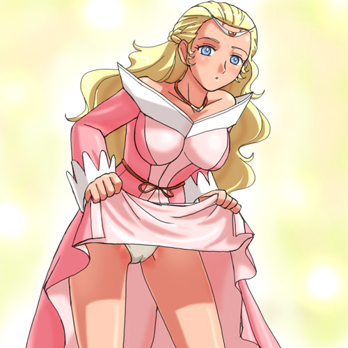 haruyama kazunori, princess farla, hyakujuu-ou golion, lowres, 80s, blonde hair, blue eyes, blush, cameltoe, dress, dress lift, jewelry, long hair, necklace, panties, retro artstyle, tiara, underwear
