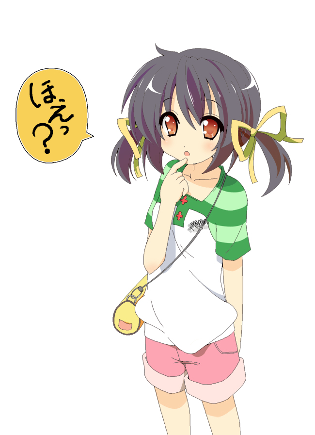fuguno, sunohara mei, clannad, 00s, 1girl, bag, black hair, blue hair, brown eyes, denim, denim shorts, female focus, handbag, short hair, shorts, solo, twintails