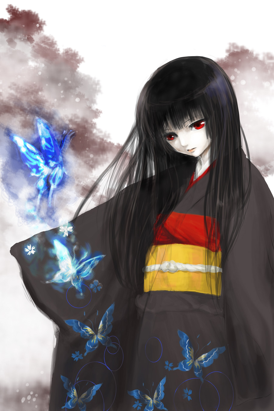 namami (ultra7-m78), nanaya (up and out), enma ai, jigoku shoujo, highres, 00s, 1girl, black hair, blunt bangs, bug, butterfly, female focus, hime cut, insect, japanese clothes, kimono, long hair, pale skin, red eyes, solo