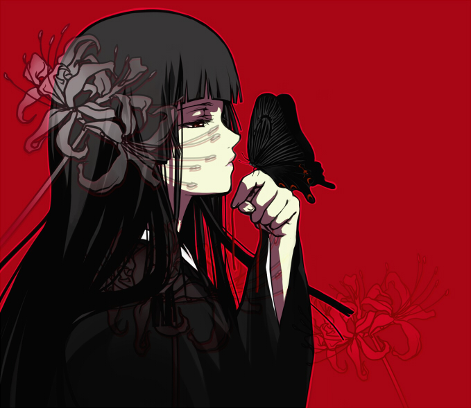 wai, enma ai, jigoku shoujo, bad id, bad pixiv id, 00s, black hair, blunt bangs, bug, butterfly, flower, hime cut, insect, japanese clothes, kimono, long hair, profile, red background, red eyes, red flower, spider lily