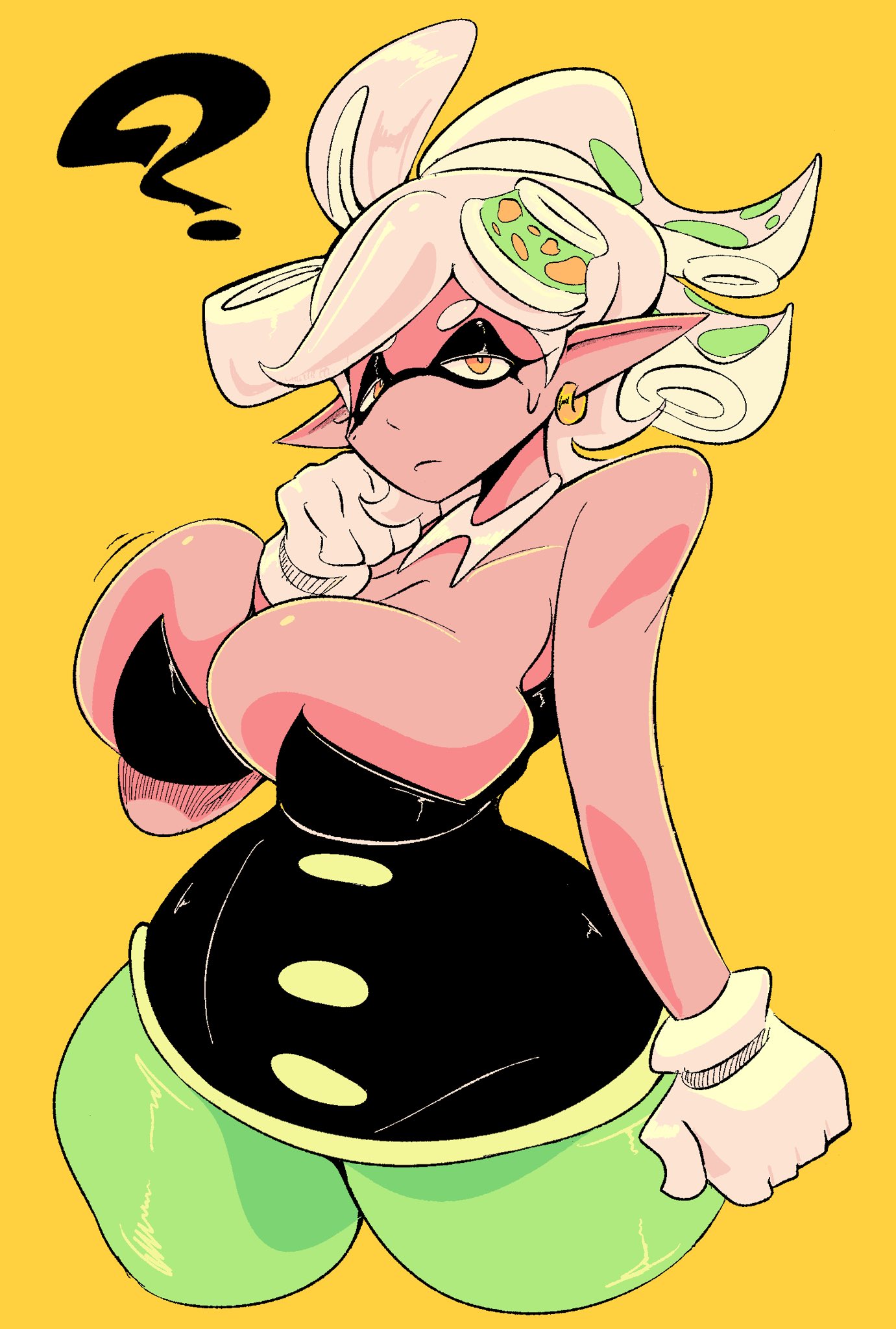 marie (splatoon), nintendo, splatoon (series), 1girl, arm between breasts, bananawithas, breasts, earrings, gloves, hair ornament, jewelry, large breasts, pointy ears, question mark print