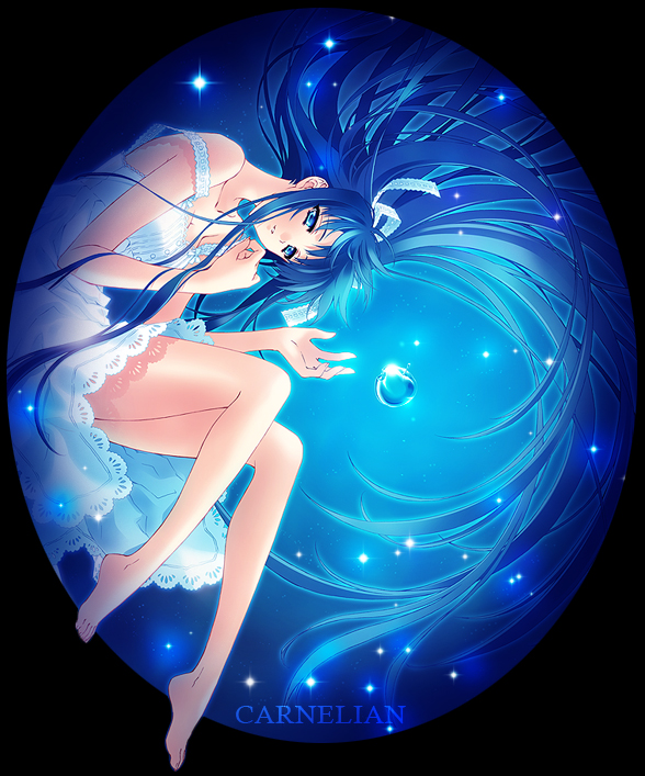 carnelian, 1girl, apple, bare shoulders, barefoot, blue eyes, blue hair, bow, breasts, cleavage, female focus, food, fruit, full body, hair bow, long hair, matching hair/eyes, off shoulder, solo, very long hair