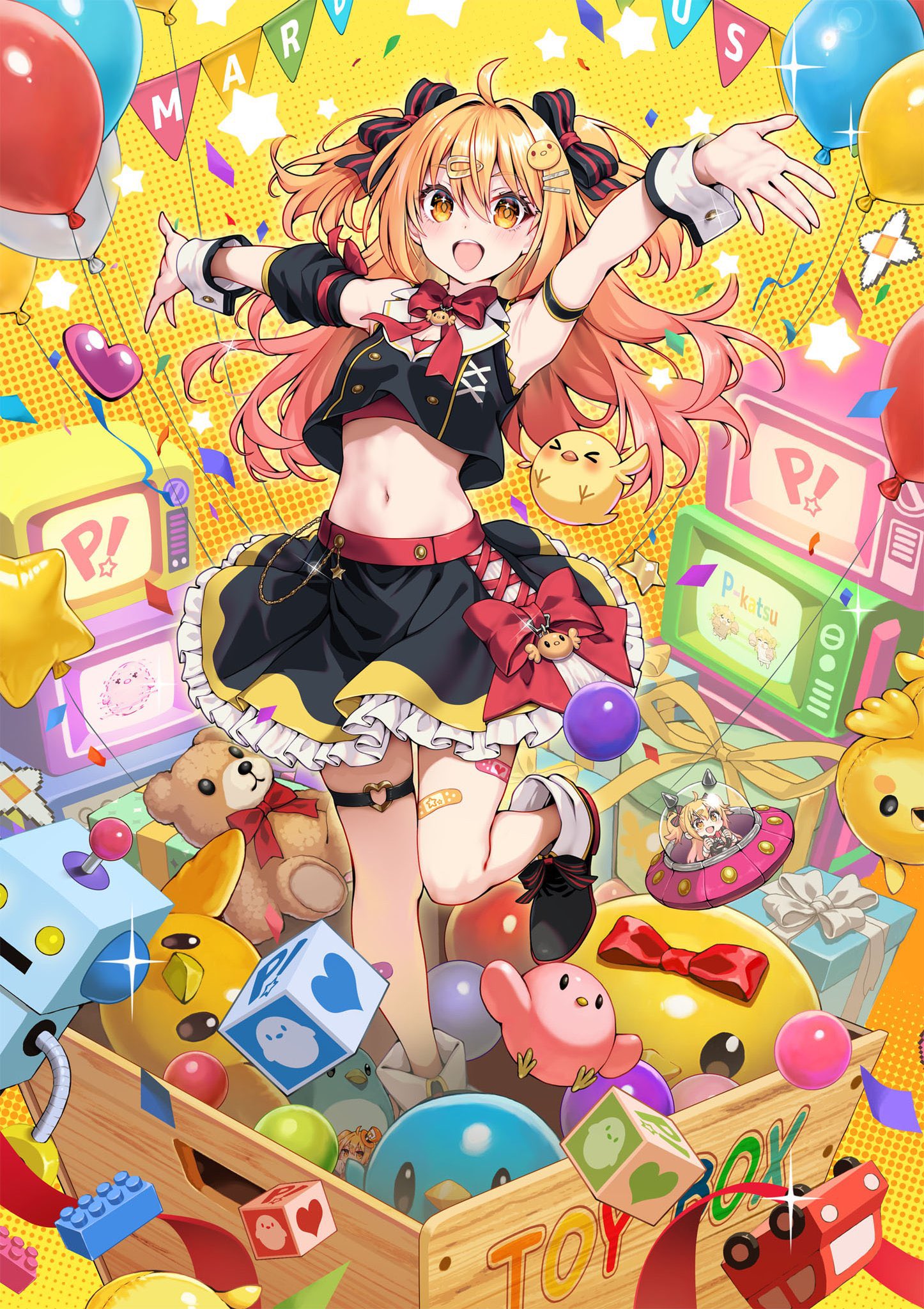 pmaru-sama, indie virtual youtuber, 1girl, bandaid, bandaid on leg, blonde hair, crop top, multicolored hair, navel, stuffed animal, stuffed toy, teddy bear, thigh strap, wrist cuffs
