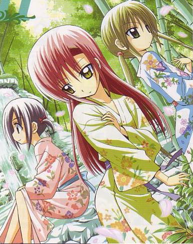 katsura hinagiku, nishizawa ayumu, sanzen'in nagi, segawa izumi, hayate no gotoku!, jpeg artifacts, lowres, 3girls, bamboo, japanese clothes, multiple girls, nature, petals, yukata