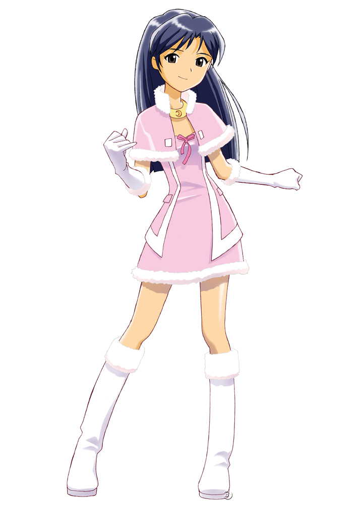 kisaragi chihaya, idolmaster, idolmaster (classic), idolmaster 1, non-web source, official art, 00s, blue hair, boots, brown eyes, cute & girly (idolmaster), gloves, long hair, looking at viewer, simple background, solo