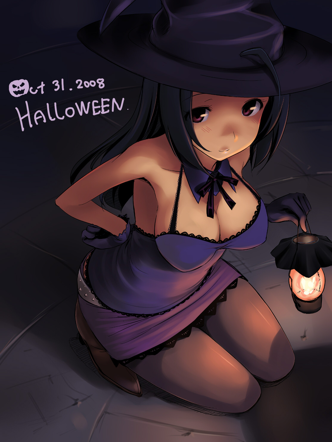 takayaki, miura azusa, idolmaster, idolmaster (classic), idolmaster 1, highres, 00s, 1girl, 2008, breasts, cleavage, dated, female focus, gloves, halloween, hat, kneeling, lantern, large breasts, long hair, pantyhose, solo, witch hat