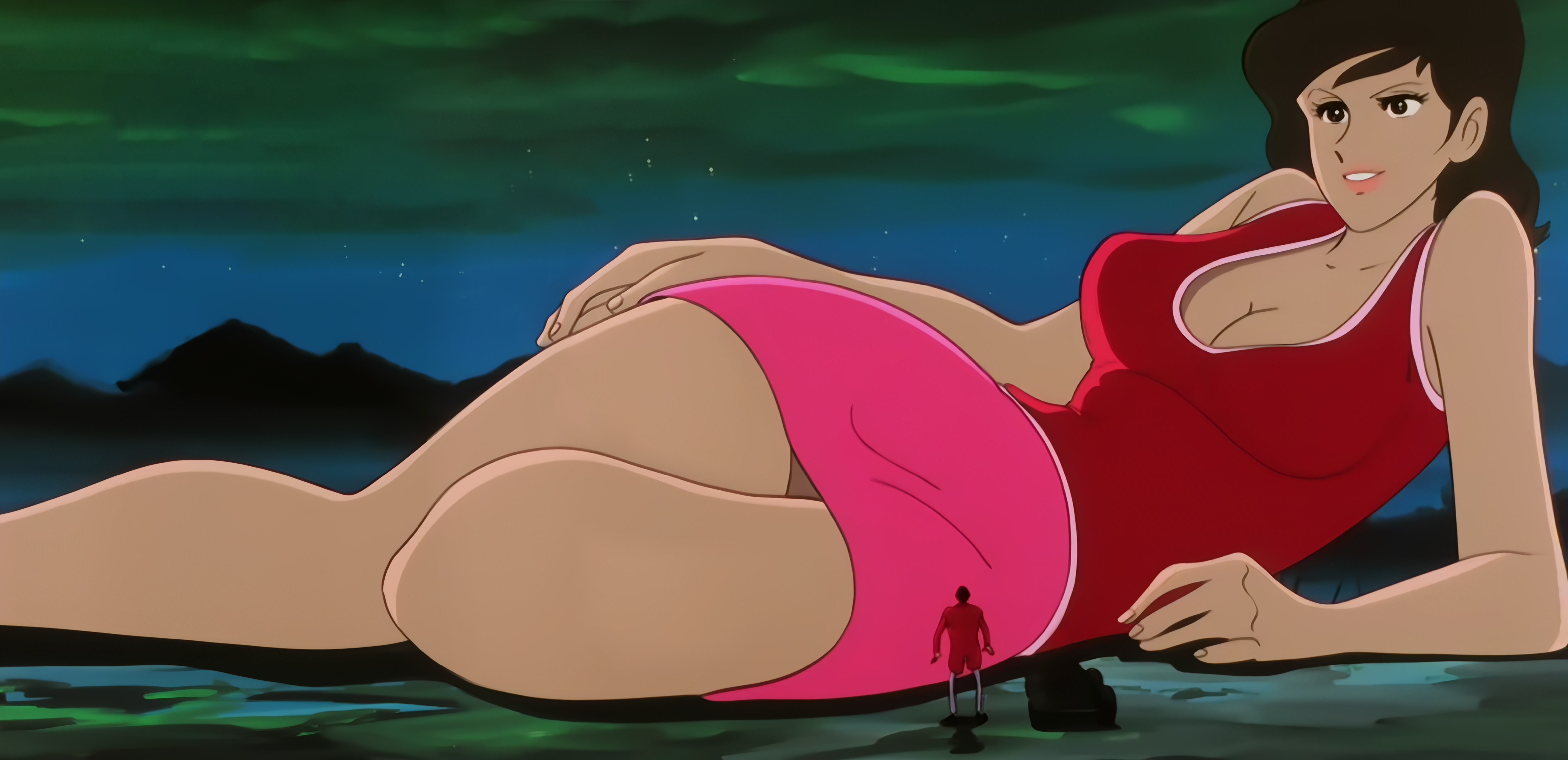 arsene lupin iii, mine fujiko, lupin iii, absurdres, anime screenshot, highres, stitched, third-party edit, 1boy, 1girl, arm support, breasts, cleavage, female focus, giant, giantess, hand on own hip, large breasts, lips, lying, medium hair, on side