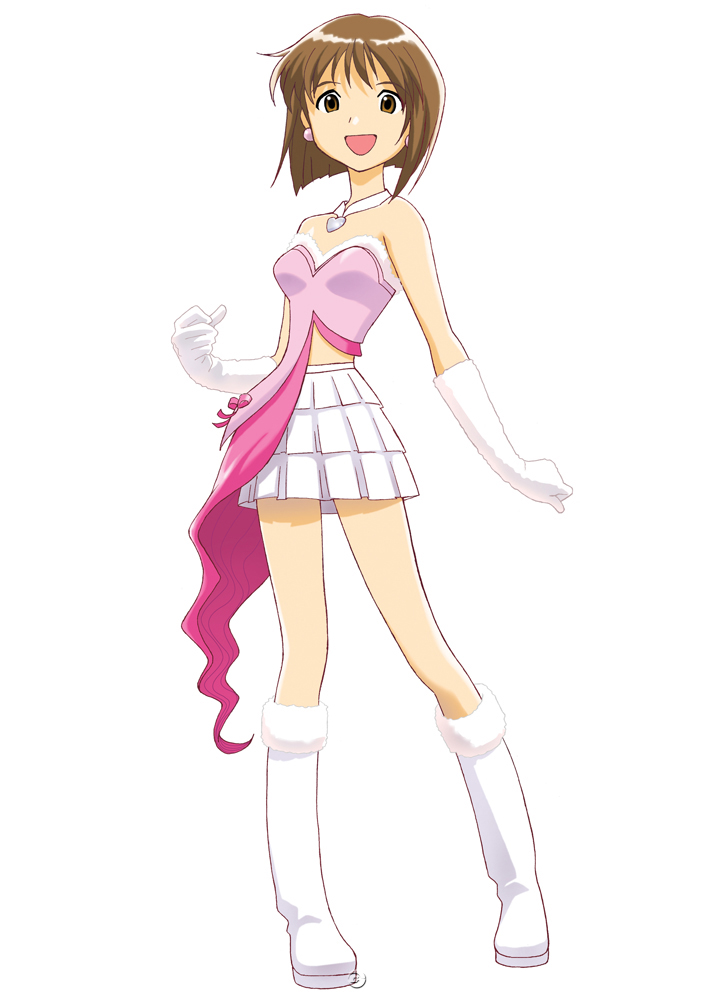 hagiwara yukiho, idolmaster, idolmaster (classic), idolmaster 1, non-web source, official art, 00s, 1girl, bob cut, boots, brown eyes, brown hair, cute & girly (idolmaster), female focus, gloves, looking at viewer, short hair, simple background, solo