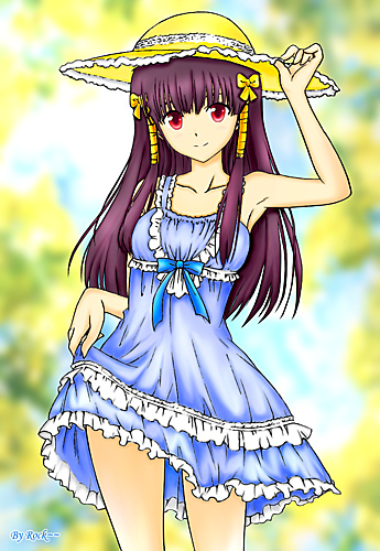 murasame oshizu, to love-ru, lowres, recolored, 00s, 1girl, armpits, bare shoulders, blue dress, blurry, bow, breasts, clothes lift, cloud, cowboy shot, day, depth of field, dress, dress lift, female focus, hair ribbon, hand up, hat, hat tip, light smile, long hair, outdoors, purple hair, red eyes, ribbon, sidelocks, skirt hold, sky, small breasts, smile, solo, standing, sun hat, sundress, tree, tress ribbon