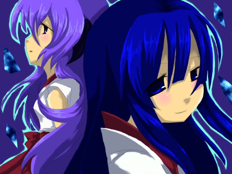 furude rika, hanyuu, higurashi no naku koro ni, non-web source, 00s, blue eyes, blue hair, detached sleeves, horns, japanese clothes, long hair, miko, purple eyes, purple hair