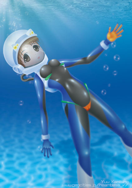 kamishiro yuu (heartless vampire), image sample, non-web source, pixiv sample, resized, 1girl, bodysuit, brown eyes, brown hair, diving suit, female focus, helmet, latex, open mouth, scuba, solo, tight clothes, underwater, watermark, web address, wetsuit