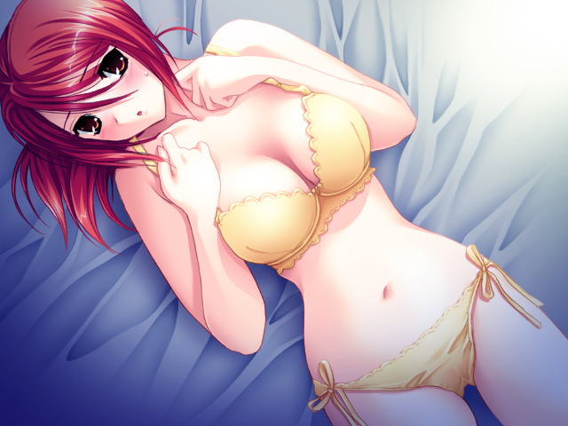 kinmedai pink, kobayakawa hatori, lunamaria hawke, fetish 3: omote no kioku, gundam, gundam seed, gundam seed destiny, game cg, non-web source, 00s, 1girl, bed, blush, bra, brown eyes, female focus, lingerie, long hair, lying, navel, panties, red hair, side-tie panties, solo, underwear, underwear only, yellow bra, yellow panties