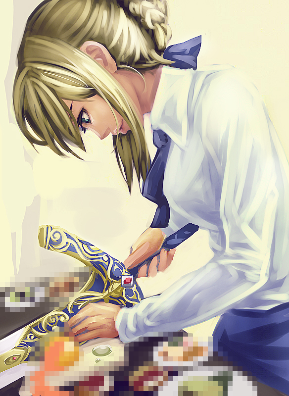 kibamigohann, artoria pendragon (fate), saber (fate), fate/stay night, fate (series), 00s, 1girl, aqua eyes, blonde hair, censored, censored food, cooking, excalibur (fate/stay night), fake censor, female focus, solo, sword, weapon, what, you're doing it wrong