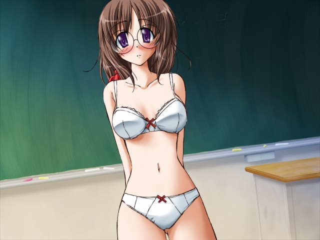 kokonoka, tachibana keiko, marionette ~ito tsukai~, game cg, non-web source, 1girl, blush, bra, brown hair, chalkboard, classroom, female focus, glasses, indoors, lingerie, long hair, panties, purple eyes, school, solo, underwear, underwear only, white panties