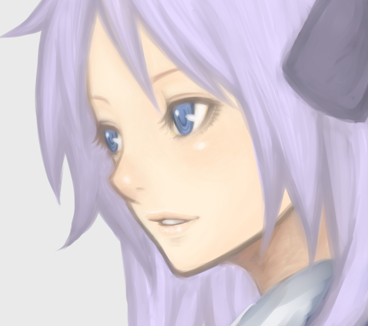 riichi, shun (nikoru555), hiiragi kagami, lucky star, 00s, 1girl, blue eyes, female focus, lips, portrait, purple hair, ribbon, solo, tsurime