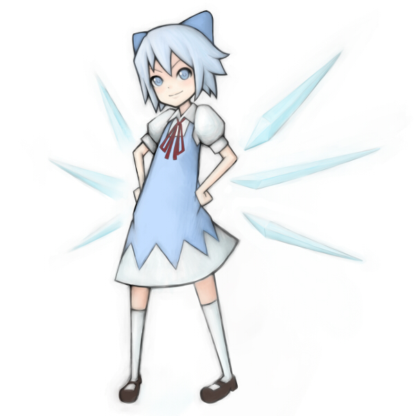 riichi, shun (nikoru555), cirno, embodiment of scarlet devil, touhou, 1girl, blue eyes, blue hair, female focus, hands on own hips, matching hair/eyes, short hair, simple background, socks, solo