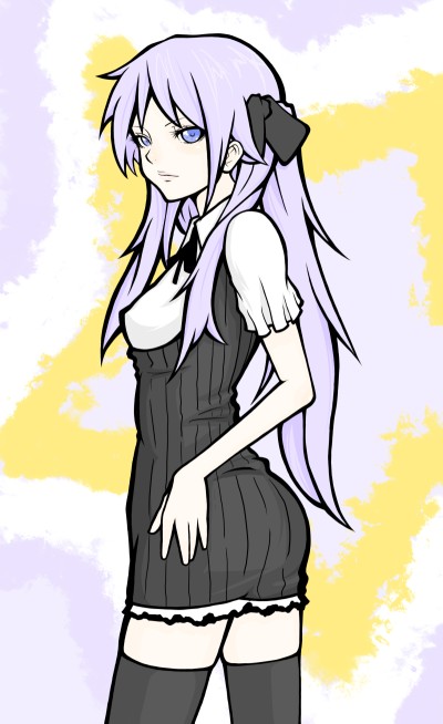 riichi, shun (nikoru555), hiiragi kagami, lucky star, 00s, 1girl, blue eyes, female focus, hair ribbon, long hair, purple hair, ribbon, solo, standing, thighhighs, twintails, zettai ryouiki