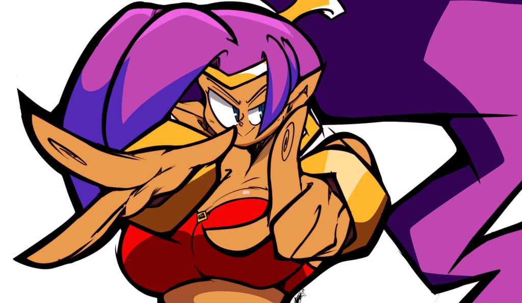 leo clock, shantae, shantae (series), wayforward, commentary, english commentary, 1girl, 2024, alternate breast size (larger), artist name, bare shoulders, blue eyes, bra, breasts, closed eyes, dark-skinned female, dark skin, earrings, female focus, finger print, fingerprint, gold choker, harem outfit, harem pants, jewelry, large breasts, long hair, midriff, navel, o-ring, outline, pants, pointing, pointing at viewer, pointy ears, purple hair, reaching, reaching towards viewer, red bra, red pants, smile, strapless, tiara, title, tube top, underwear, v-shaped eyebrows, vambraces, very long hair