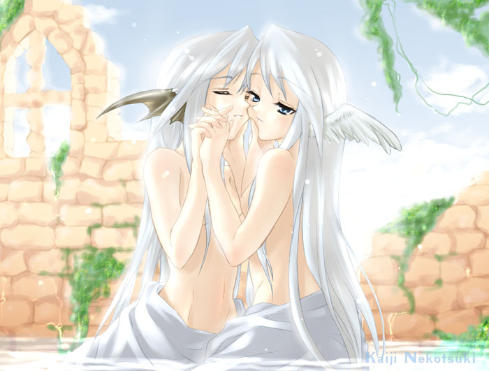 nekou izuru, character request, source request, 2girls, head wings, incest, long hair, multiple girls, nude, siblings, sisters, topless female, twincest, twins, white hair, wings, yuri