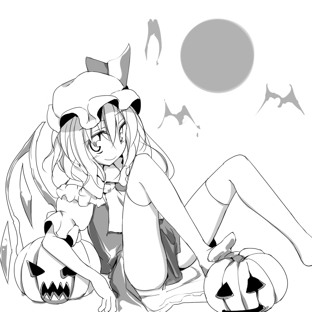 oouso, flandre scarlet, touhou, 1girl, female focus, greyscale, hair between eyes, hat, jack-o'-lantern, mob cap, monochrome, pumpkin, solo, thighhighs, white background