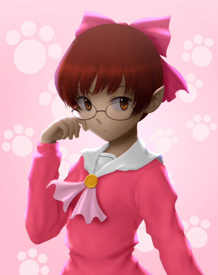 siraha, nekomusume, gegege no kitarou, toei company, bad id, bad pixiv id, 1girl, bow, brown hair, female focus, glasses, pink bow, pointy ears, ribbon, school uniform, serafuku, solo